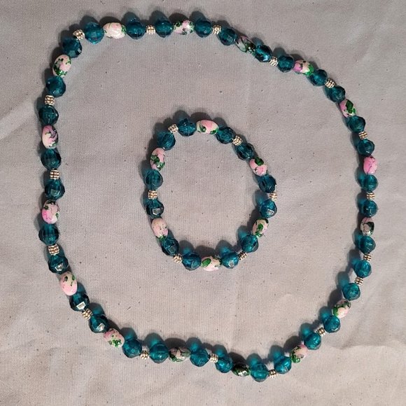 #312 NWOT Handmade Pink & Green Oval Beaded Bracelet & Matching Necklace - Picture 4 of 4